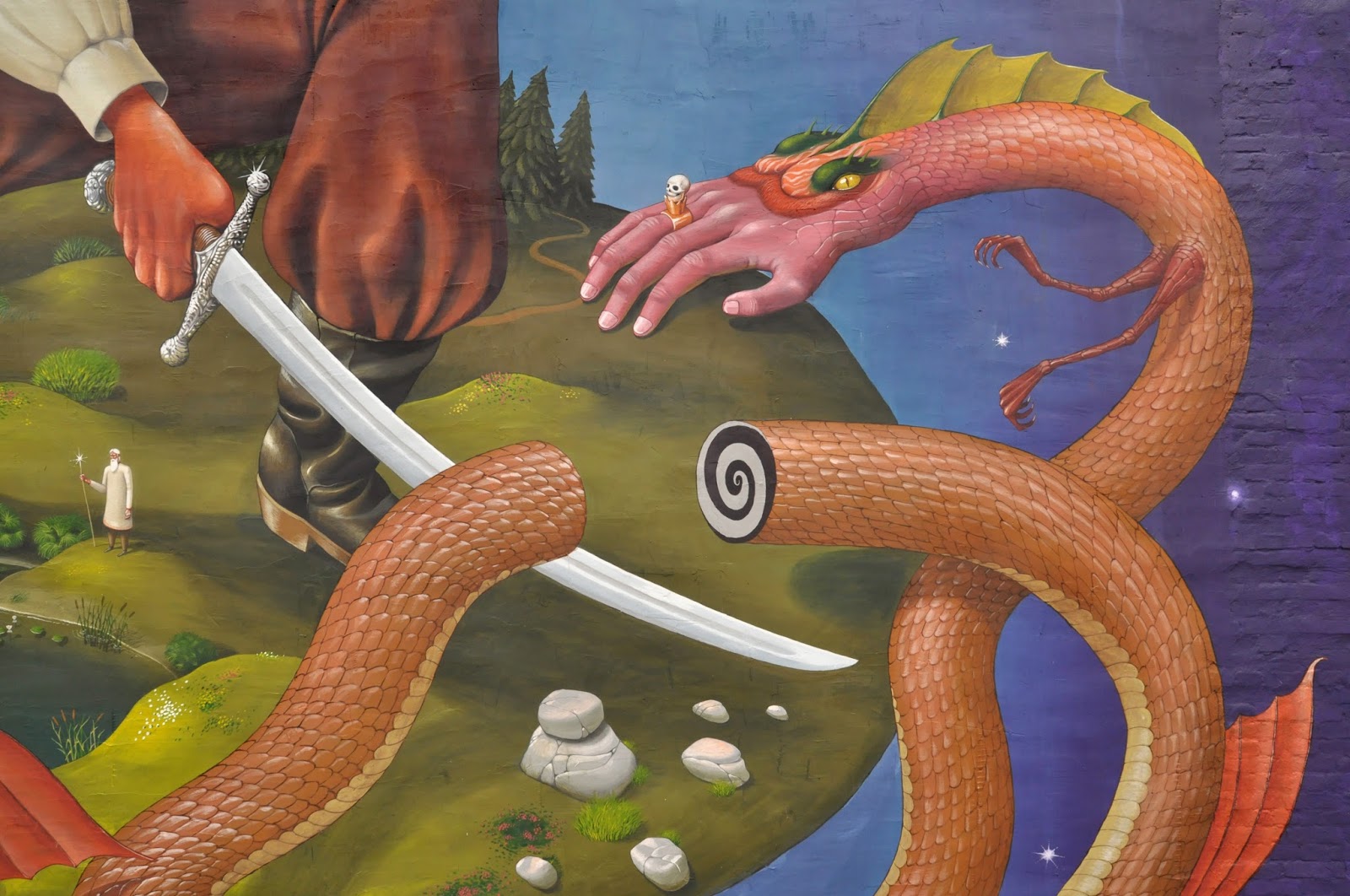 Святой Юрий граффити Interesni Kazki Aec Большая Житомирская, 38 фрагмент, рука-змея, крупно