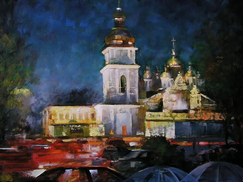Виталий Петровский Городской пейзаж Киев дождь осень Михайловский собор