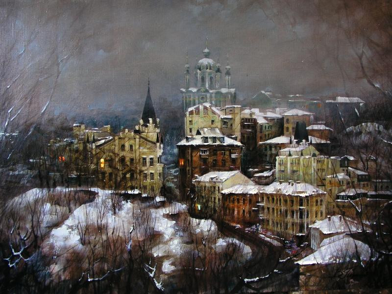 Виталий Петровский Городской пейзаж Киев зима Андреевский