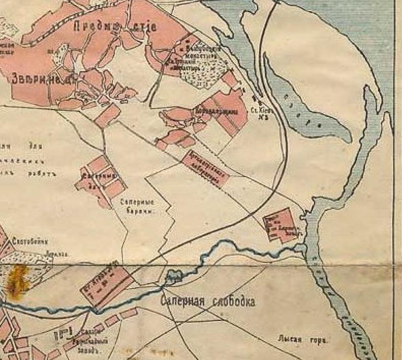 Фрагмент мапи Києва 1899 р. із приблизним місцем розташування саперних таборів﻿